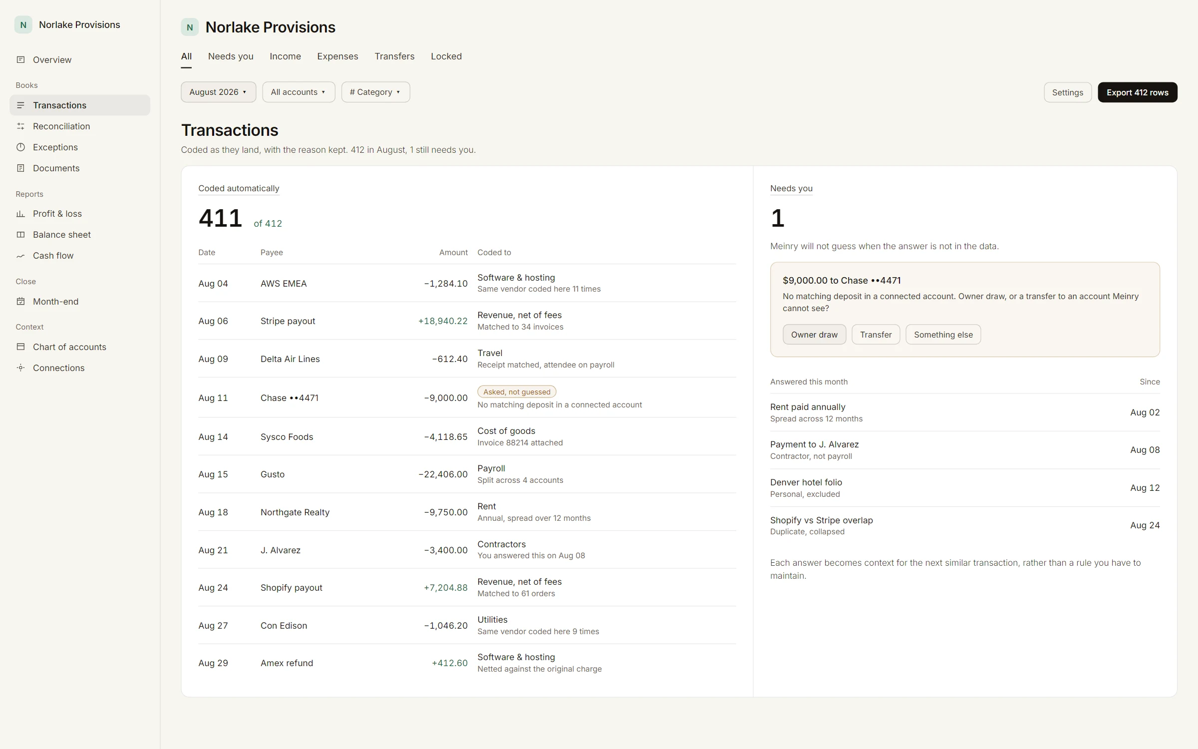 Illustration of the Meinry Transactions screen: a month of transactions coded as they landed, each with the reason beside it, and one held as a question.